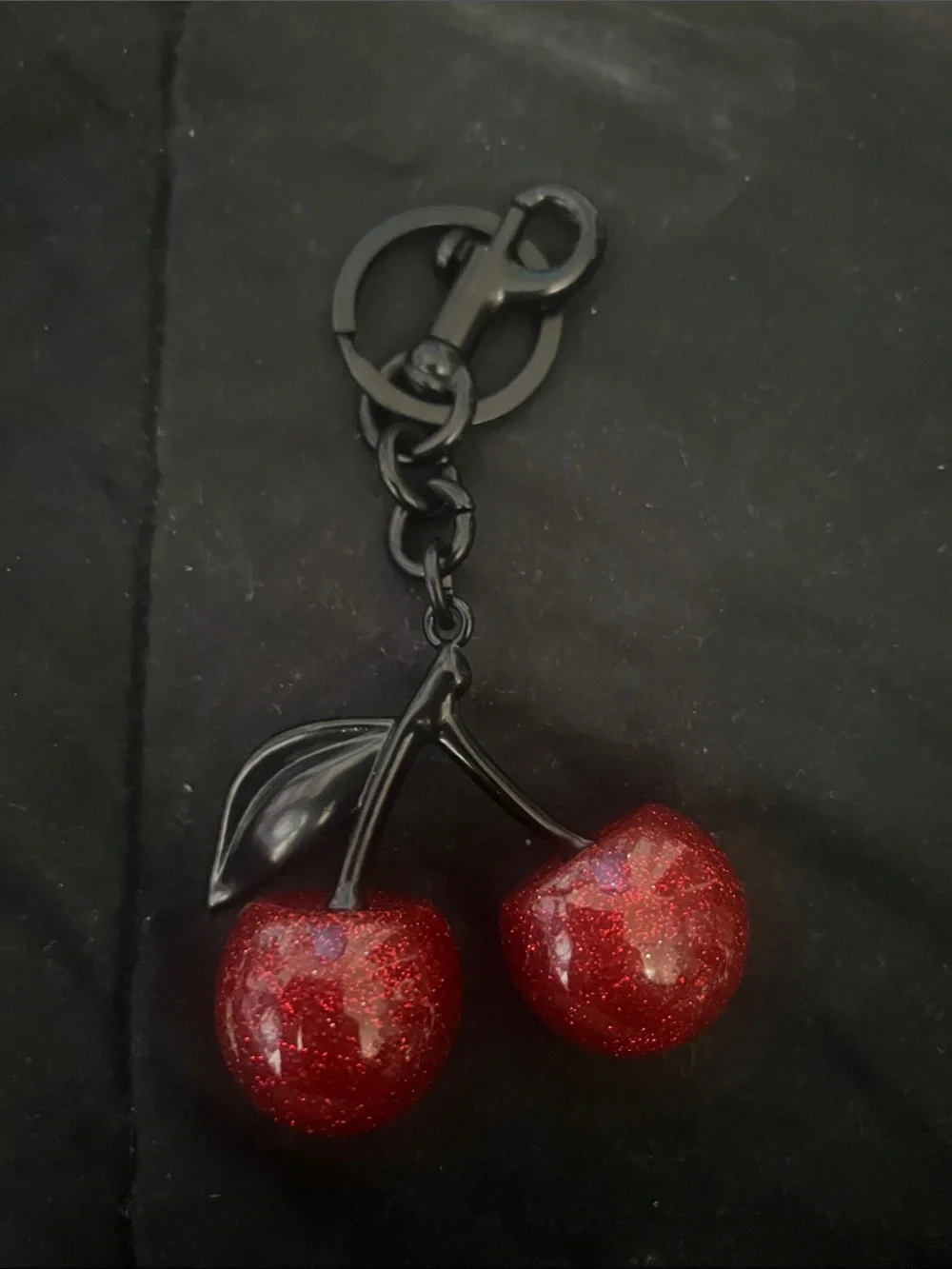 Red Glitter Cherry Keychain with Black Hardware